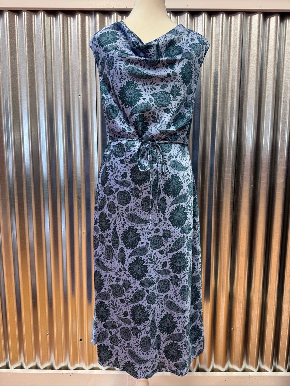 Ann Taylor Blue/Teal Cowl Neck Sleeveless Paisley Floral Satin Midi Dress 6P